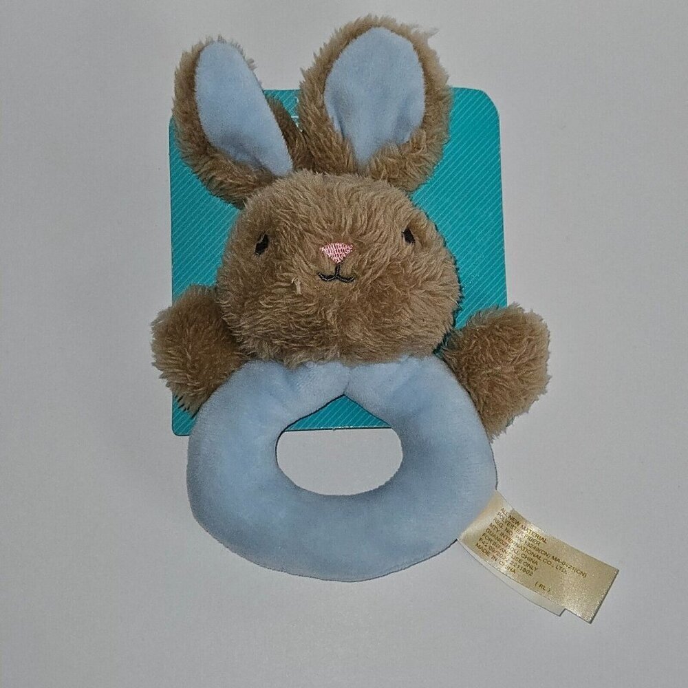 NEW Blue Tan Bunny Rabbit Plush Rattle Lovey 7" Baby Toy Gift Easter MTY Int'l
